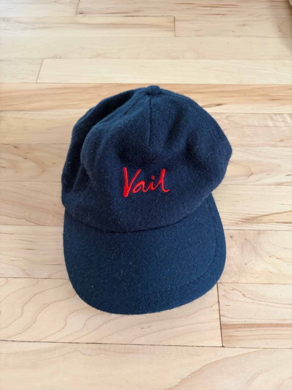 Vintage navy Wool Cap with Red "Vail" Embroidery